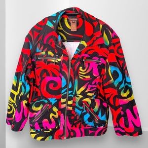 Women's Size M Multiples Brand Zip-Up Jacket Bold Print 3/4 Length Sleeves